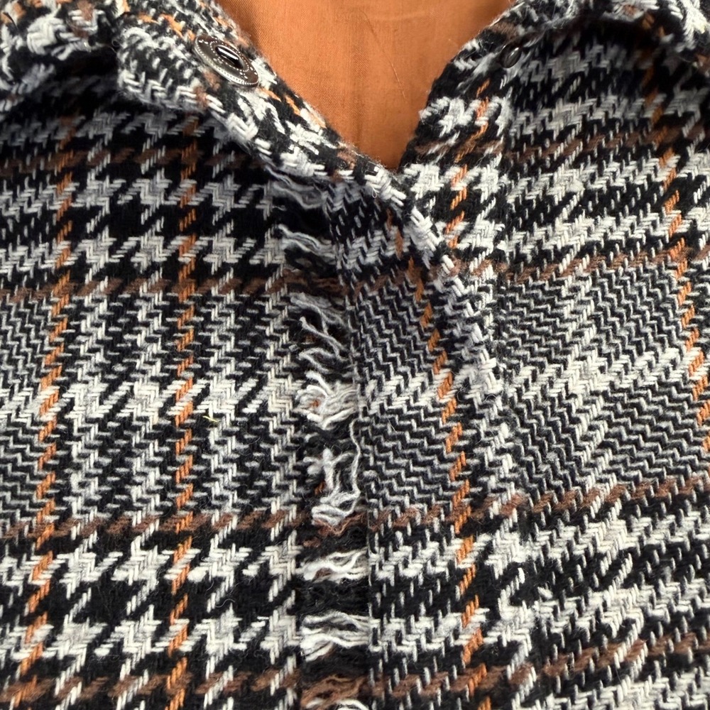 Yest The Netherlands Plaid Shacket Gray Brown Houndstooth Fringe Shirt Jacket 12 - Picture 9 of 10